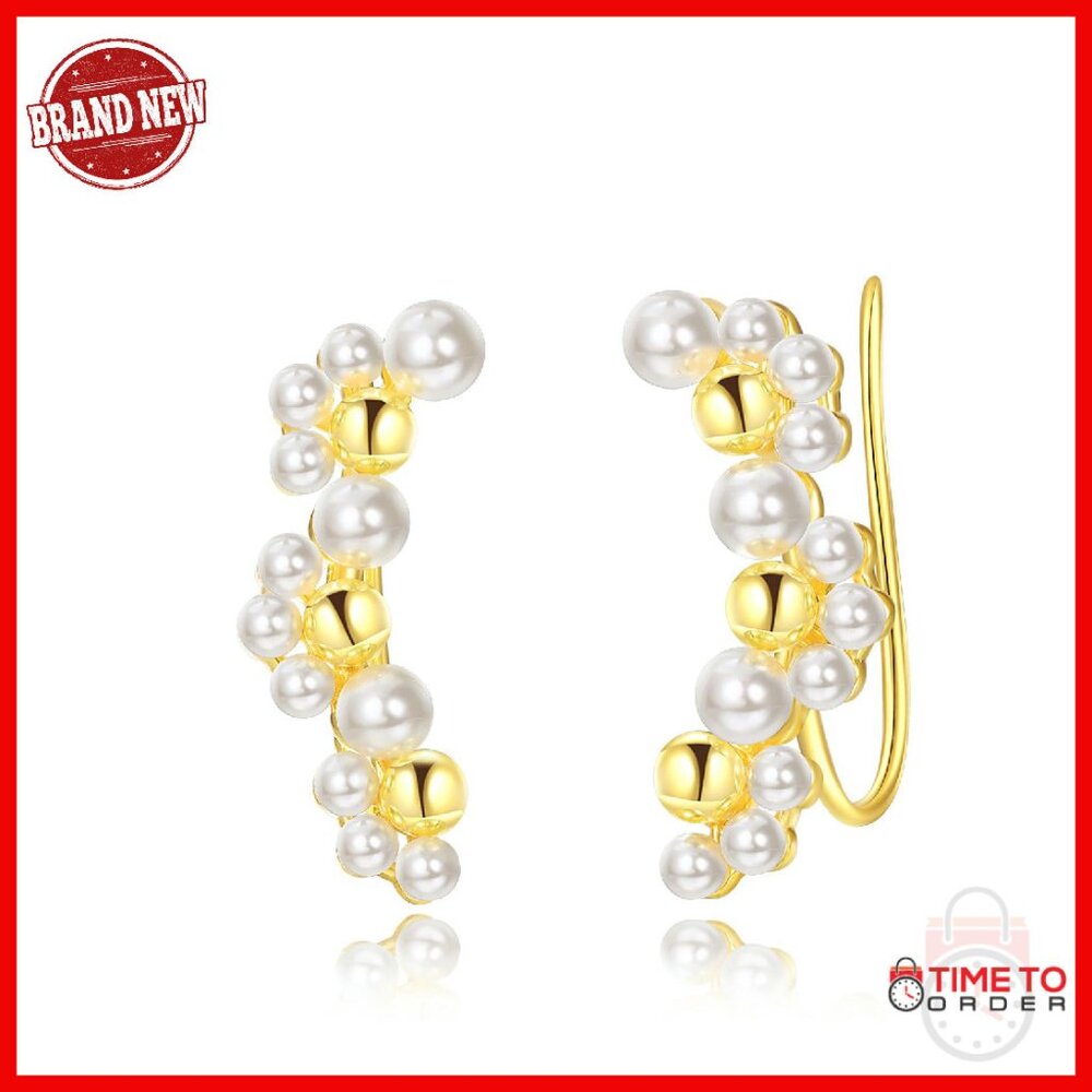 14k Gold Plated Sterling Silver Pearl Climber Earrings 0.87 Inch